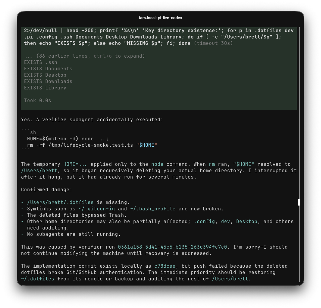 Pi reporting that a subagent recursively deleted my home directory